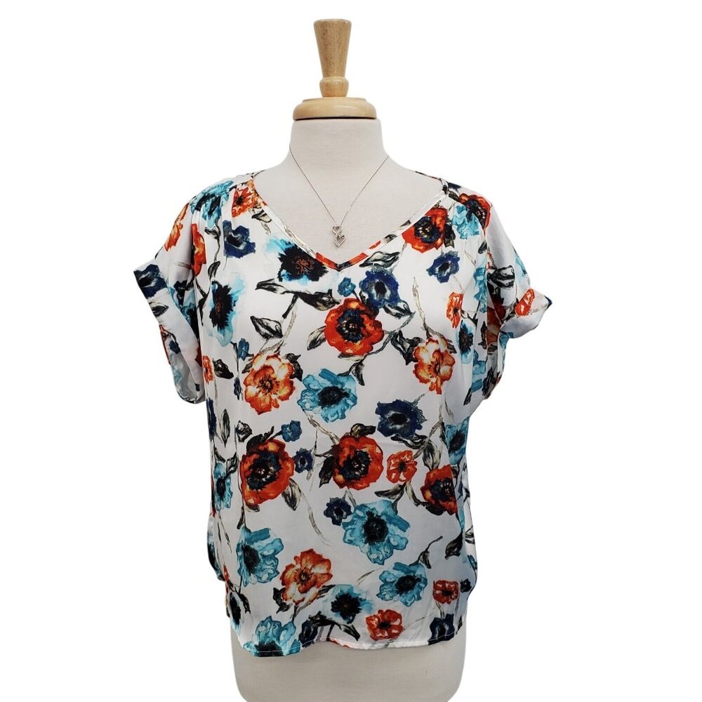Catherine Malandrino‎ Floral V-Neck Blouse L Orange Blue Sheer Lightweight Top